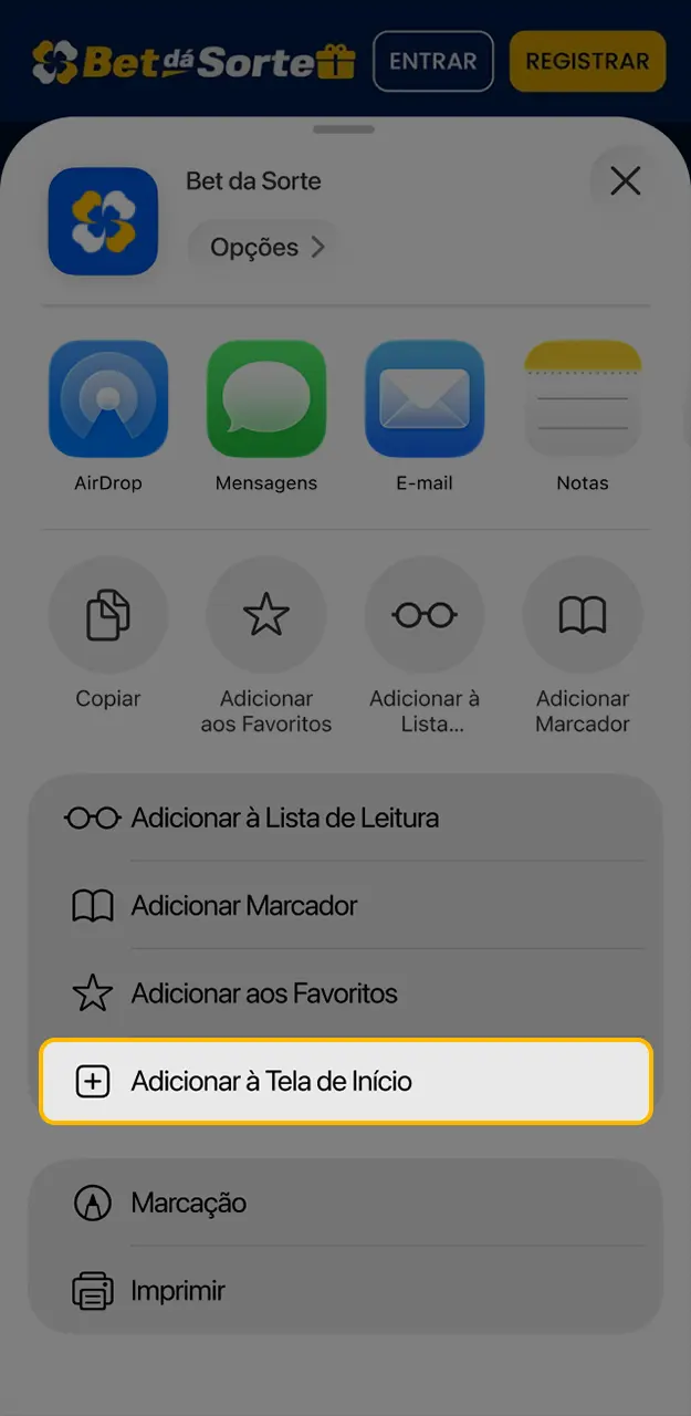 Crie um atalho do app da Bet da Sorte na sua tela inicial.