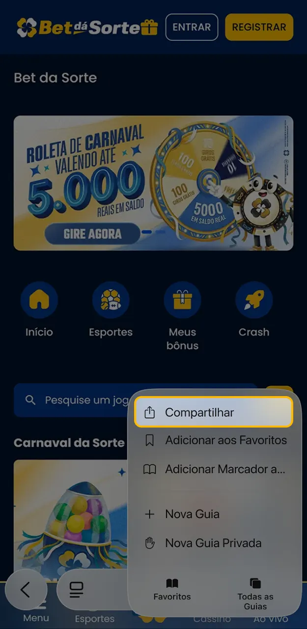 Use a função compartilhar para adicionar o aplicativo Bet da Sorte.