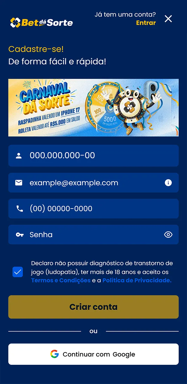 Crie sua conta no App da Bet da Sorte e comece a apostar.