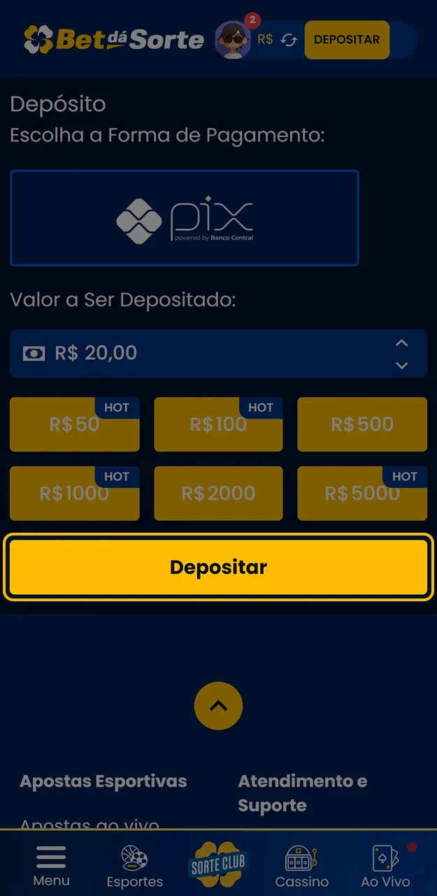 Confirme os dados do seu depósito na Bet da Sorte para recarregar a sua conta.