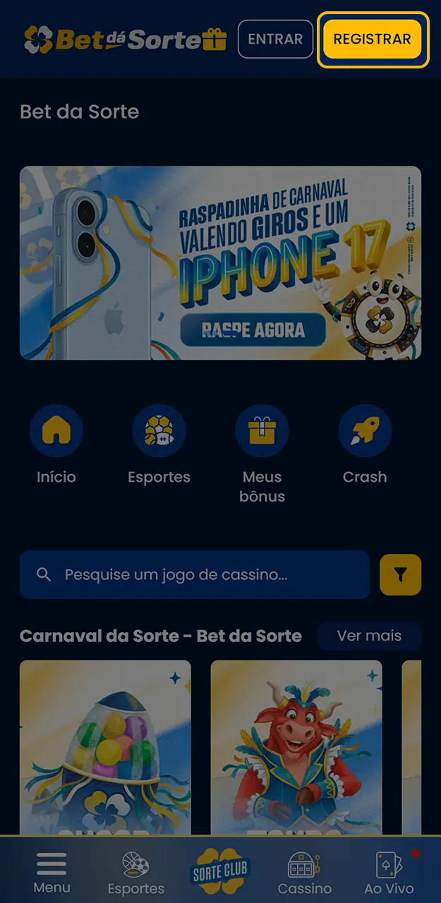 Faça login para iniciar o processo de depósito na Bet da Sorte.
