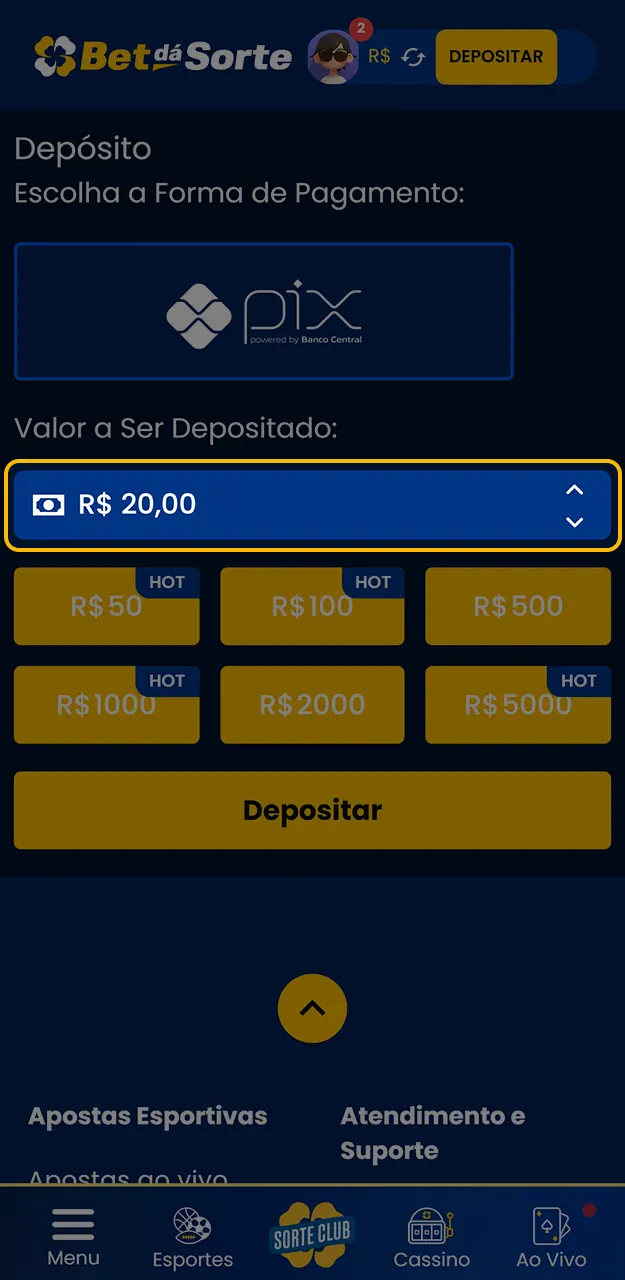 Insira o valor desejado para recarregar sua conta na Bet da Sorte.
