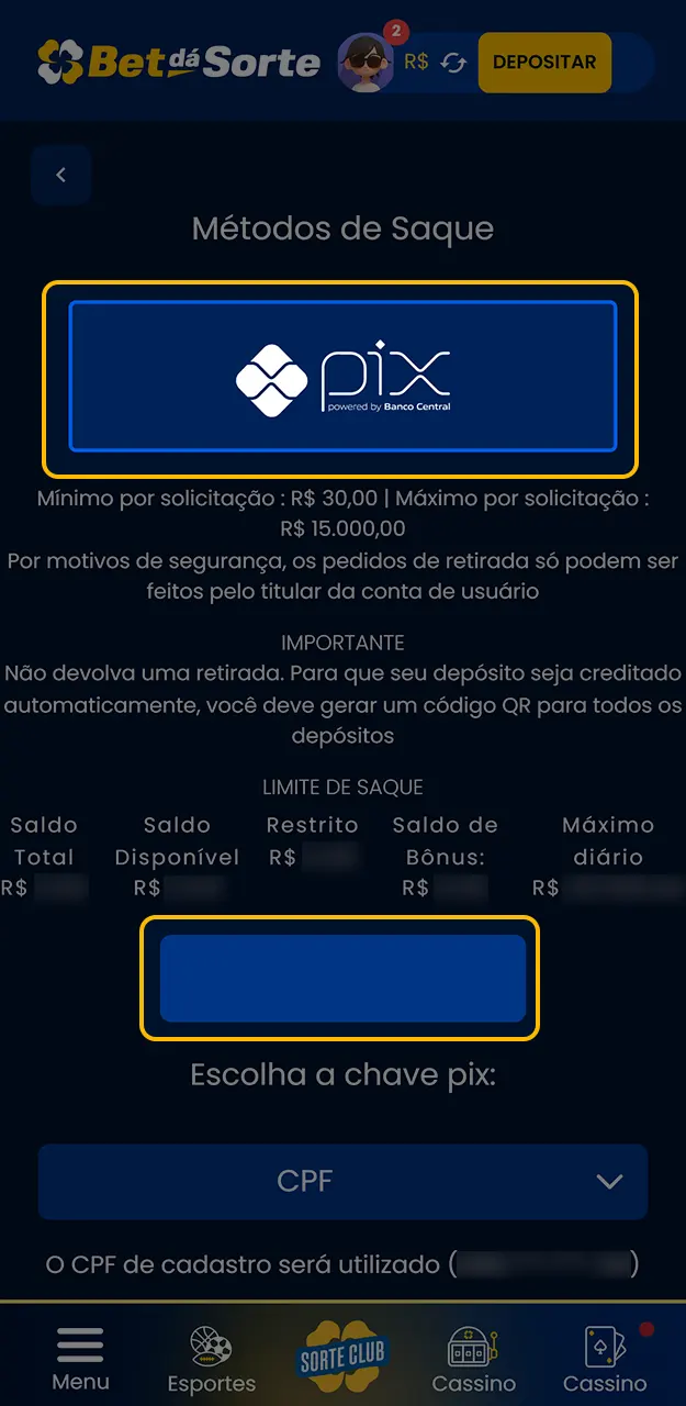 Escolha PIX para um saque rápido e seguro na Bet da Sorte.