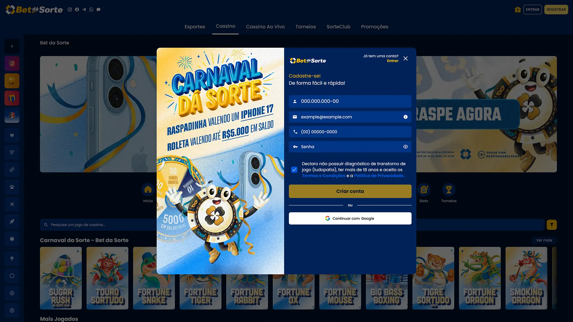 Faça seu cadastro na Bet da Sorte e receba ofertas de boas-vindas.