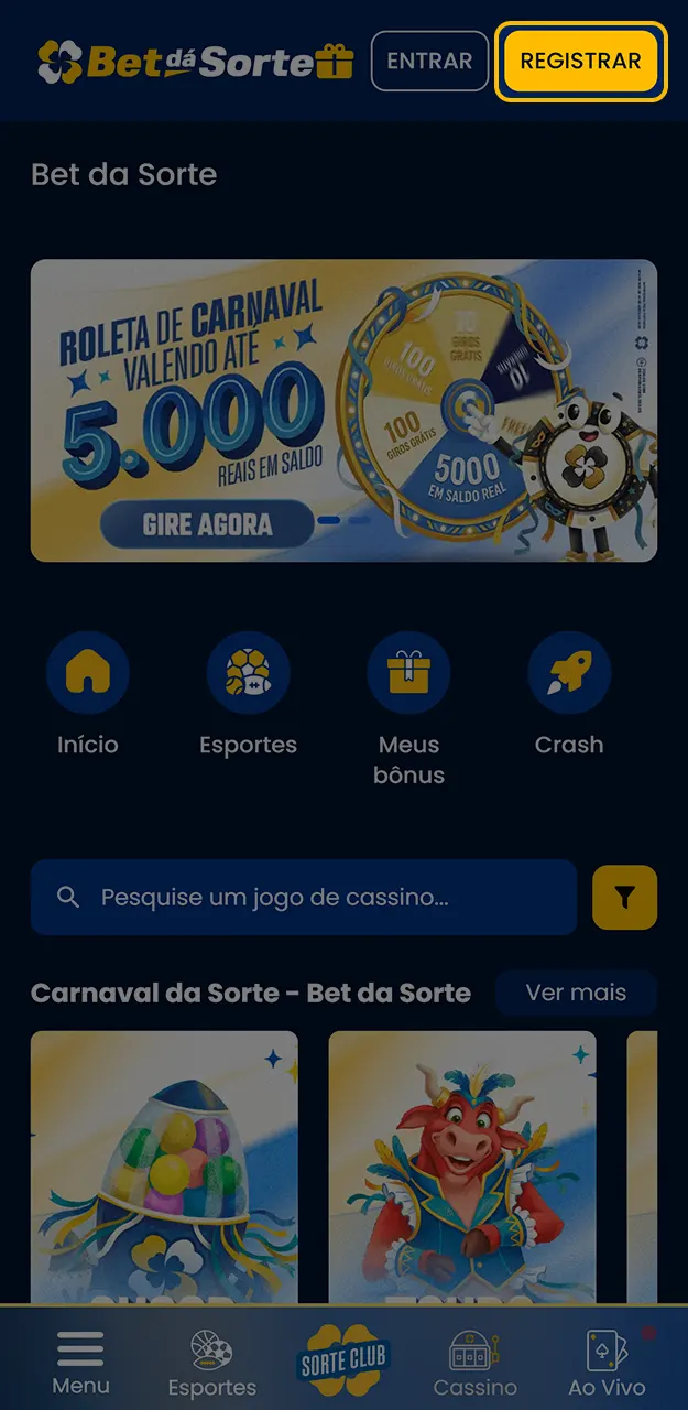 Pressione o botão para abrir o formulário de registro da Bet da Sorte.