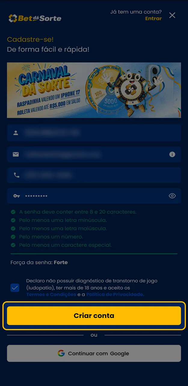 Aceite as regras para finalizar seu registro oficial na Bet da Sorte.